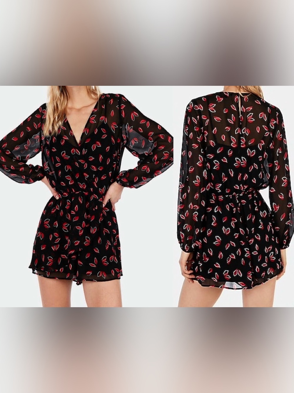 Express Sheer Romper with Black & Red Leaf Print XL
